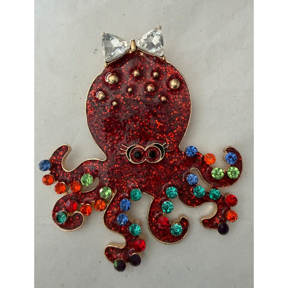 Red Glitter Octopus Brooch Multi Color Rhinestone Gold Tone Nautical Pin - Picture 6 of 7